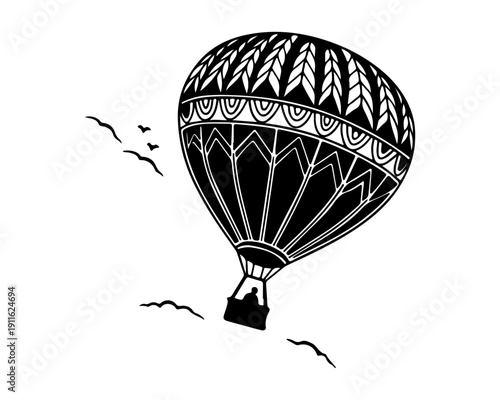 Stylized hot air balloon silhouette flying with birds in boho drawing style
