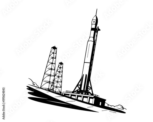 Vintage Space Rocket on Launch Pad Black and White Line Art Drawing