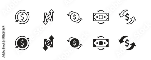 Currency exchange icons showing money transfer and financial transactions with arrows and dollar signs