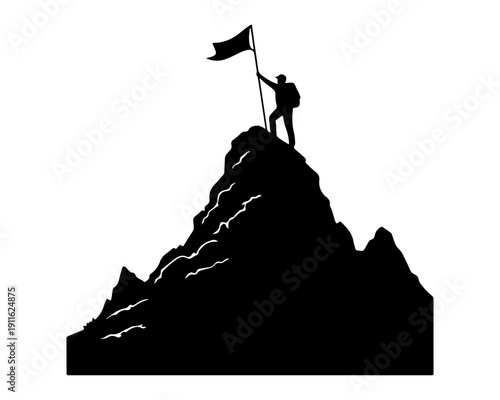 Silhouette of Climber Holding Flag on Mountain Peak, Symbolizing Success and Achievement