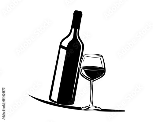 Wine Bottle and Glass Vector Icon Silhouette Logo Black and White