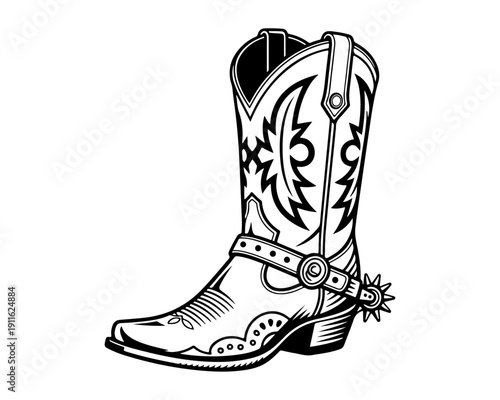 Western Cowboy Boot with Spur Black and White Vector Illustration Icon