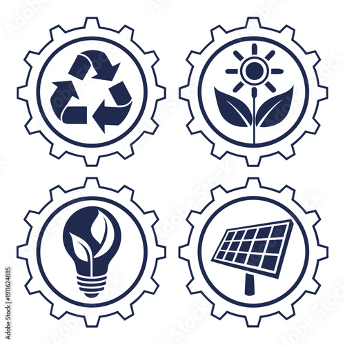 Four icons representing recycling, renewable energy, environmental protection, and solar power. Vector