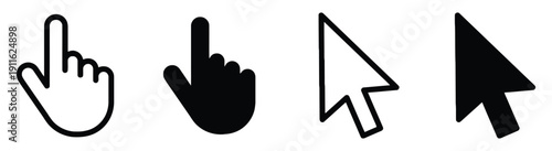 Cursor icons hand pointer and mouse arrow pointer outlines and filled shapes