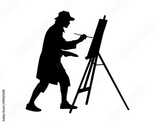 Artist Painting on Easel Silhouette Illustration, Painter with Brush and Palette