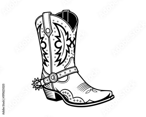 Traditional Western Cowboy Boot and Spur Outline Vector Illustration
