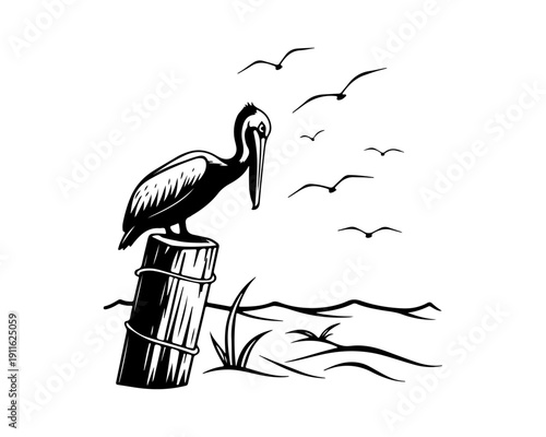 Pelican on a Wooden Post with Seagulls Flying - Black and White Vector Art