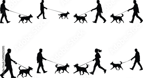 People walking dogs silhouettes, male and female