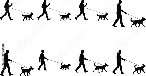 Man walking dog silhouette sequence, different strides