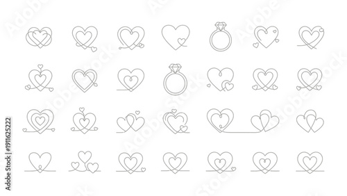Eternal Symbols of Affection: A minimalist collection of elegant line drawings, each a unique depiction of love, from intertwined hearts to the promise of rings, perfect for conveying emotion.