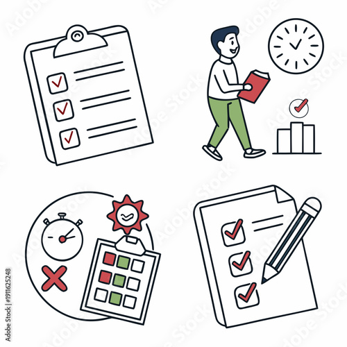 Illustrations of a person managing tasks and deadlines with a checklist, a clock, and documents. Vector