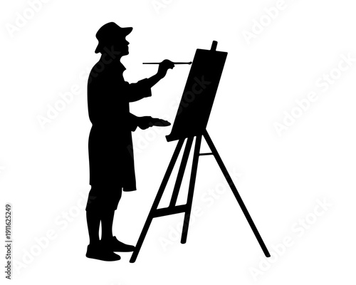 Black Silhouette of Painter Creating Art on Easel Isolated on White