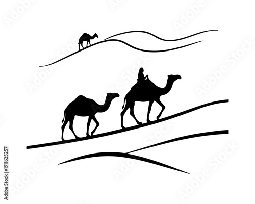 Silhouette of Camels and Rider Walking Across Desert Dunes