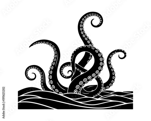 Black Silhouette of Octopus Kraken Tentacles Emerging from Ocean Waves