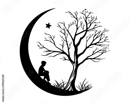 Dreamy silhouette: person sitting on crescent moon with tree and star
