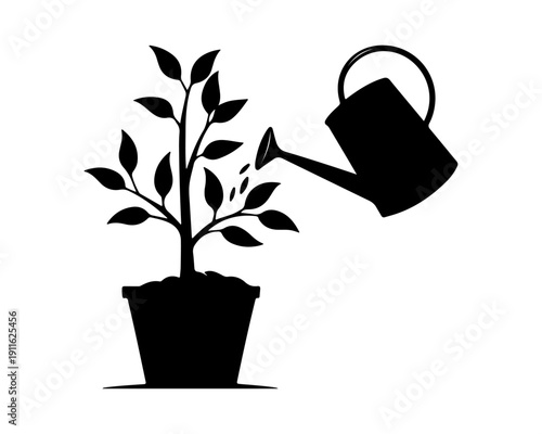 Watering Can Pouring Water onto a Potted Tree Silhouette Vector Illustration
