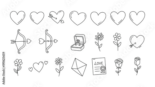 Love symbols set: A collection of various love symbols. This minimalistic set of vector illustrations of love and romance is perfect for Valentine's Day or wedding-themed design projects. 