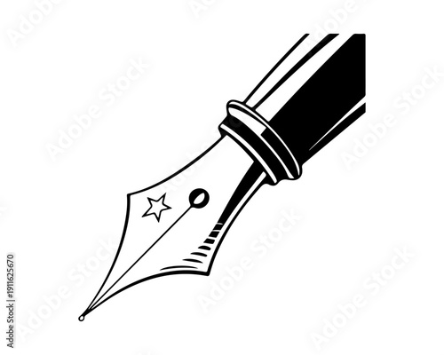 Fotografi Black and white drawing of a vintage fountain pen nib, writing tool icon design