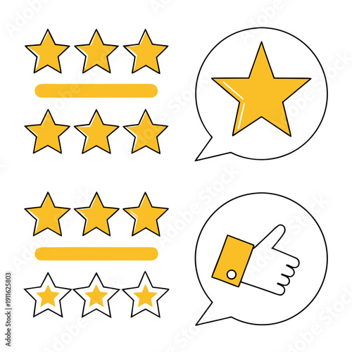A visual representation of customer feedback and ratings using stars and speech bubbles. Vector