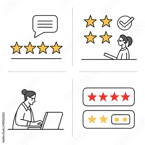 Woman working on laptop with various rating and review icons surrounding her Vector