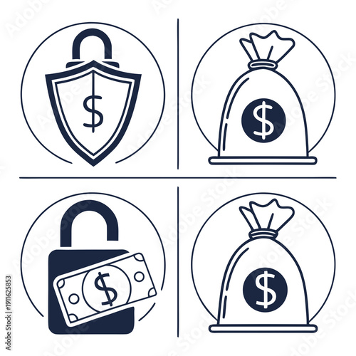 Four icons representing different aspects of financial security and transactions Vector