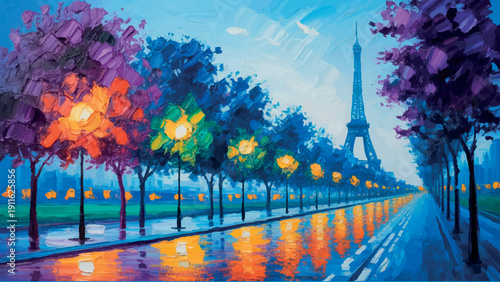 A vibrant, impressionistic painting of the eiffel tower and a luminous city street.