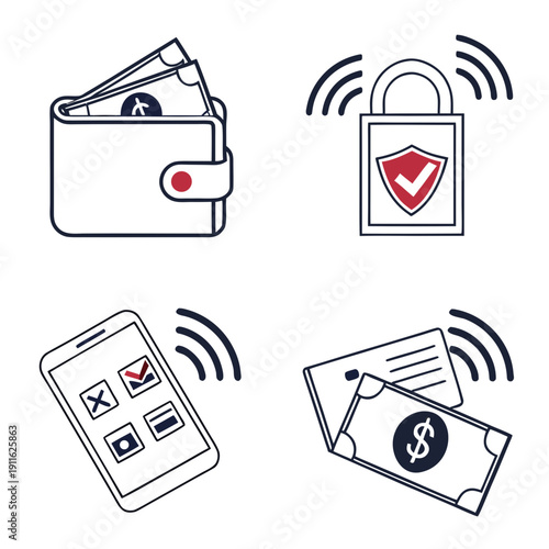 Illustration of various payment methods and security measures. Vector