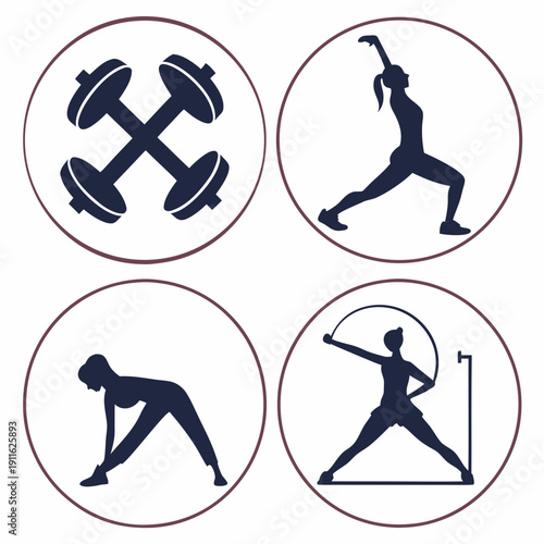 Four different types of exercise including yoga, stretching, and weightlifting Vector