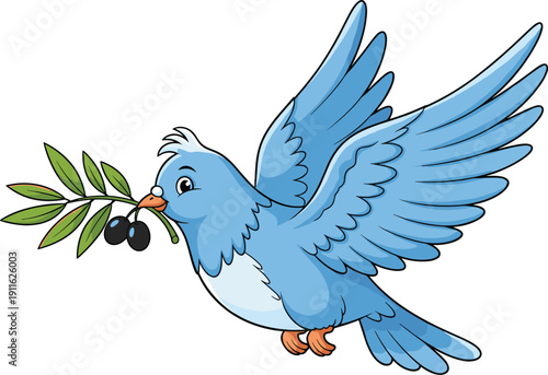Peace bird illustration, olive branch artwork design, harmony symbol concept, cultural goodwill figure, reconciliation style, cheerful emblem