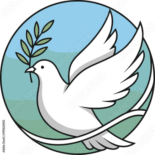 Peace dove illustration, olive branch artwork design, unity symbol concept, harmony figure emblem, reconciliation style, hope message graphic