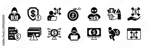 Cybercrime and money fraud icons set, illustrating online security threats and financial theft