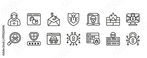 Cybersecurity icons for online threats, hacking and data protection concepts