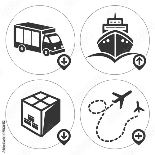 Illustration of various transportation methods including truck, ship, airplane, and package delivery Vector