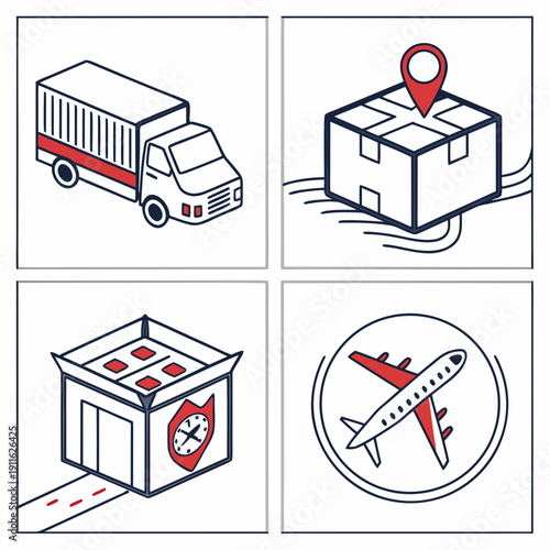 Icons representing various aspects of delivery and logistics services Vector