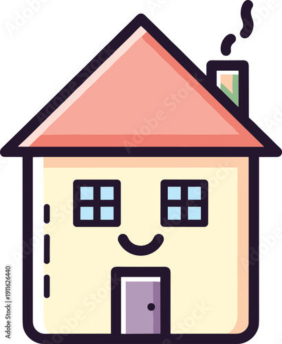 Cartoon house character, smiling home illustration, anthropomorphic building artwork, cheerful family mascot design, cad drawing flat vector illustration, isolated graphic