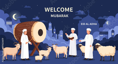 Welcome Eid Al-Adha Mubarak Vector Illustration. Muslim men celebrating the Festival of Sacrifice (Qurbani) with sheep, goats, and a drum at night.