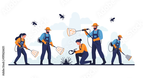 Professional Pest Control Team Working Together to Exterminate Insects and Bugs. Flat Vector Illustration of Exterminators Catching Pests.