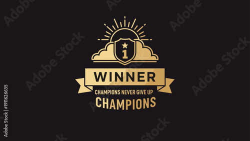 Golden winner badge with a star and shield icon stands out against a dark background representing achievement and victory.