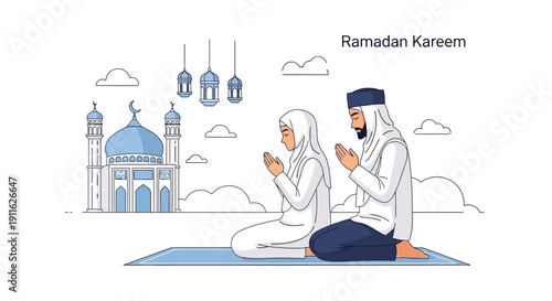 Ramadan Kareem: Muslim Couple Praying (Salat) Vector Illustration. Islamic Worship, Mosque Outline, and Traditional Lanterns Line Art.