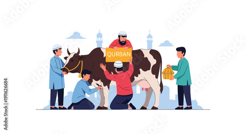 Qurban Sacrifice Cow for Eid al-Adha Celebration. Muslim Community Preparing Udhiyah Animal Ritual Flat Illustration.