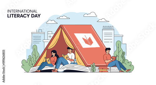 International Literacy Day: People reading inside a huge book shaped like a tent, symbolizing the pursuit of knowledge and education awareness.