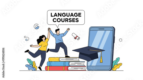 Students celebrate their success around a giant smartphone screen promoting online language courses with books and graduation cap.