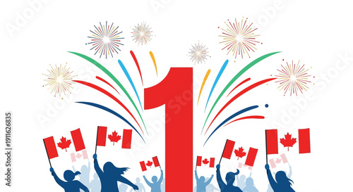 Happy Canada Day Celebration Banner - July 1st. People waving Canadian flags, fireworks, and giant number one vector.