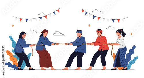 Traditional Indonesian Tug of War (Tarik Tambang) Game Illustration. Teamwork and spirited competition during cultural festival celebrations.
