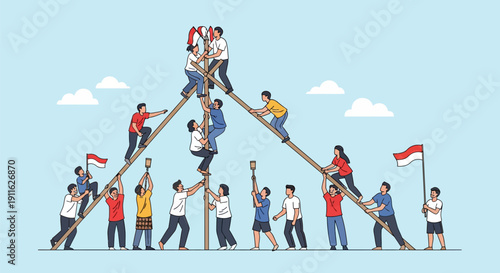 Panjat Pinang: Indonesian Independence Day Celebration. People climbing the pole in a teamwork competition to reach the Merah Putih national flag.