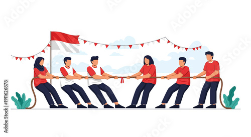 Tarik Tambang (Tug-of-War) Competition Vector. Indonesian Independence Day Celebration (Hari Kemerdekaan). Teamwork, Unity, and National Spirit Illustration.