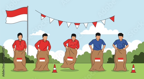 Indonesian Independence Day Sack Race (Lomba Balap Karung) Illustration. Men participating in traditional 17th August competition with flag and bunting.