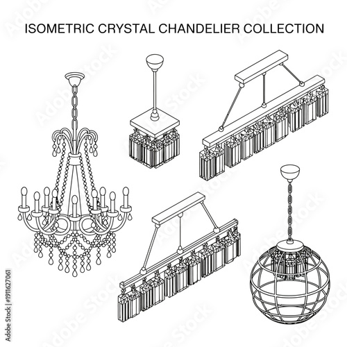 Isometric crystal chandelier collection including various lighting fixtures and hanging lamps  home decor