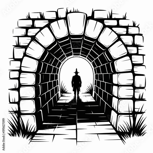 Man walking through a stone archway tunnel alone at night