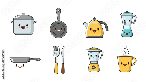 Kitchen Utensils: A delightful collection of charming kitchen tools and utensils with expressive faces, bringing a touch of whimsy and personality to everyday cooking and dining. 
